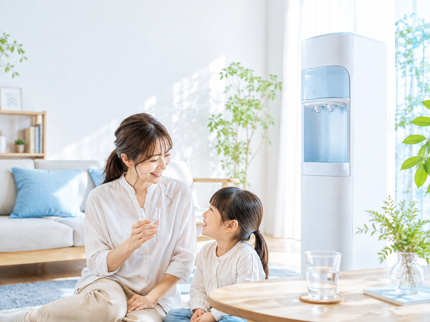 親子でウォーターサーバーの水を飲んでいる、くらしのワンシーン